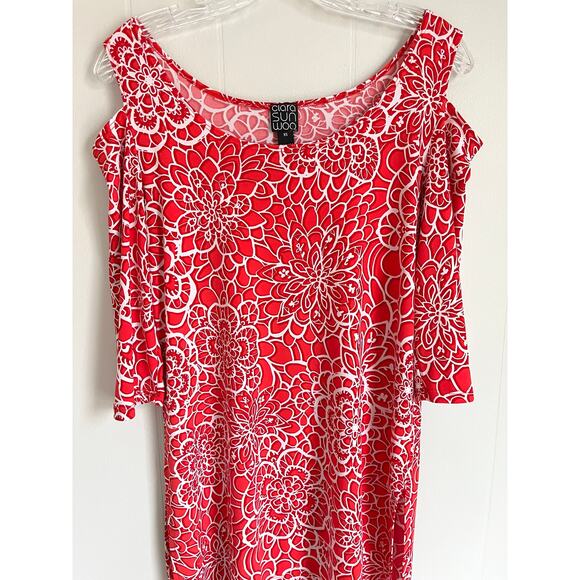 Clara Sunwoo Pink Stretchy Cold Shoulder Tunic Top XS Floral Geometric Long Line - Picture 9 of 16